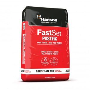 "Bag of Hanson FastSet Postmix, quick-setting concrete mix for securing fence posts and garden structures."