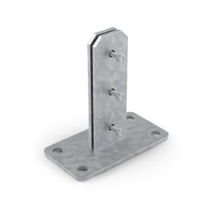 DuraPost Bolt Down base plate in galvanised steel – secure fixing solution for fence posts on solid surfaces like concrete or paving.