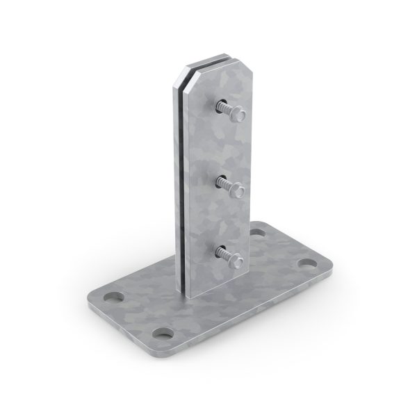DuraPost Bolt Down base plate in galvanised steel – secure fixing solution for fence posts on solid surfaces like concrete or paving.