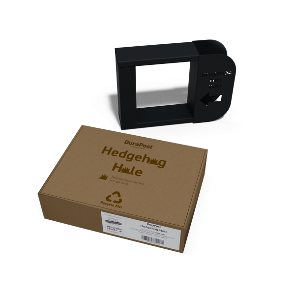 DuraPost Hedgehog Hole – wildlife-friendly steel fence insert in black powder-coated finish, allowing hedgehogs to pass between garden fences.